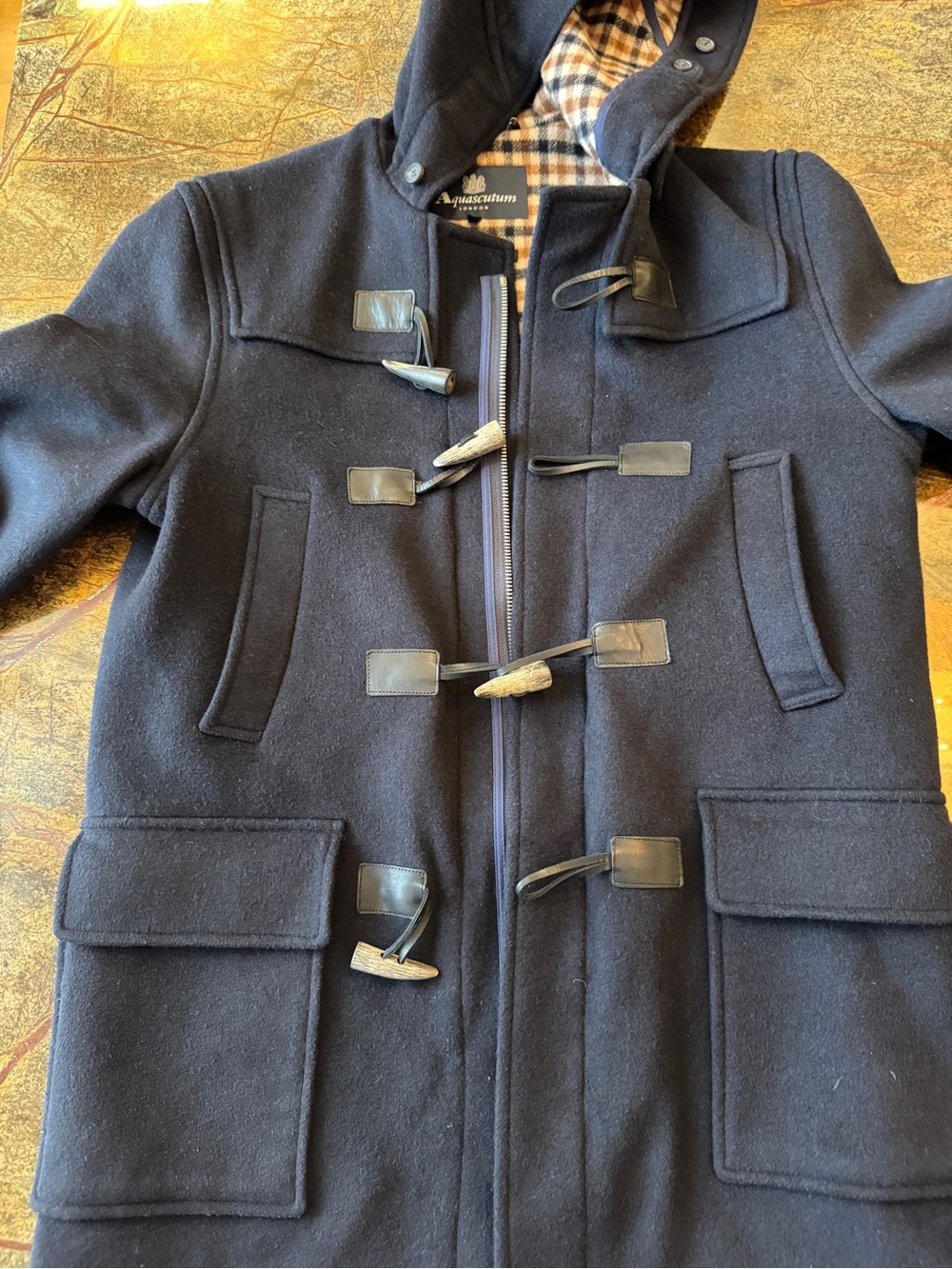 Aquascutum London Navy Wool Duffle Coat with Toggle Fastenings